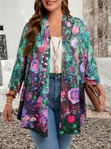 EMERY ROSE EMERY ROSE Plus Size Fall Clothes Teacher Clothes Women's Random Print Simple Daily Blue Jacket