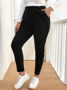 SHEIN Essnce Plus Size Women Jesień I Zima Moda Swobodna Wygodna Nadruk W Panterkę Przeszycia Elastyczna Talia Kieszeni Czarne Spodnie,Damskie Dół,Jesienne Ubrania Damskie,Spodnie Robocze,Ubrania Nauczycielskie,Spodnie Curv,Ubrania Biurowe,Biznesowe Swobodne Damskie