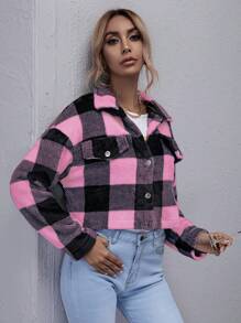 Chiquease Women's Plaid Drop Shoulder Long Sleeve Single-Breasted Cropped Casual Jacket, Autumn