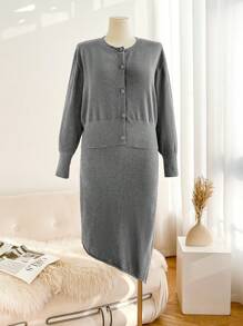 SHEIN Frenchy 大码纯色前扣长袖上衣和 A 字裙两件套休闲套装