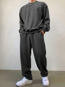 DAZY 2pcs Men Solid Color Crew Neck Long Sleeve Sweatshirt And Pocket Decorated Long Pants Set, Autumn, Cozy Outfits