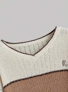 SHEIN MOD Women's Loose Letter Embroidery Colorblock V-Neck Pullover Sweater,Long Sleeve,Fall/Winter ,New Year Eve, Sweater,Thermal,Preppy