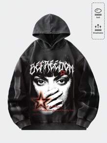 ROMWE MEN Street Life Men's Distressed Graphic Print Hooded Sweatshirt, Street Style Vintage