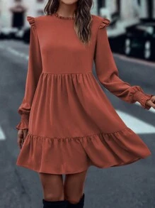 SHEIN LUNE Vestido elegante de manga larga con volantes y dobladillo de volantes de color liso para mujer, otoño