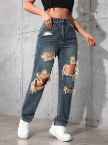 SHEIN EZwear Women Pocket Distressed Straight Leg Loose Casual Versatile Denim Jeans