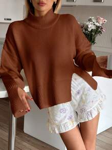 EURMUSE Women Solid Color Mock Neck Rib Knit Hem Sweater - Brown - View 4
