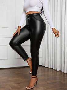 SHEIN Lady Autumn And Winter Leggings Fleece Leggings Black PU Fabric Windproof And Warm Women's Leggings, Elegant And Simple Going Out Wear Thermal Lined Women's Leggings