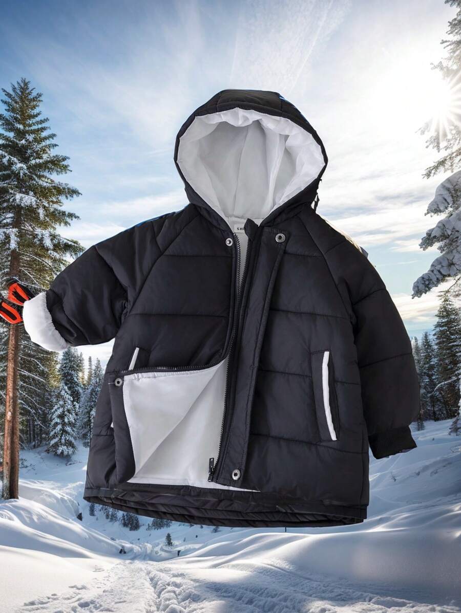 SHEIN Baby Boys Thick  Coat, Hooded, Color Block, Loose Fit, Mid-Length, Pockets, Zipper, Button, All-Match & Versatile, Warm For Home, Outings, And Playing In Snow, Fall/Winter - Black - View 1