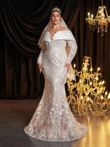 Glamrae 大码优雅奢华白色对比蕾丝细节透明长袖新娘礼服搭配经典法式蕾丝紧身胸衣和长拖尾 - 白色 - 查看 2