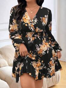 SHEIN LUNE Plus Size Floral Print Lantern Sleeve Dress, Elegant For Autumn Fall Cloth For Women