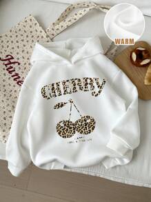 SHEIN Leap Crew 少女休闲简约豹纹樱桃图案白色长袖连帽抓绒卫衣，印有英文字母 CHERRY，舒适柔软，适合秋冬季节穿着，女童服装 - 白色 - 查看 1