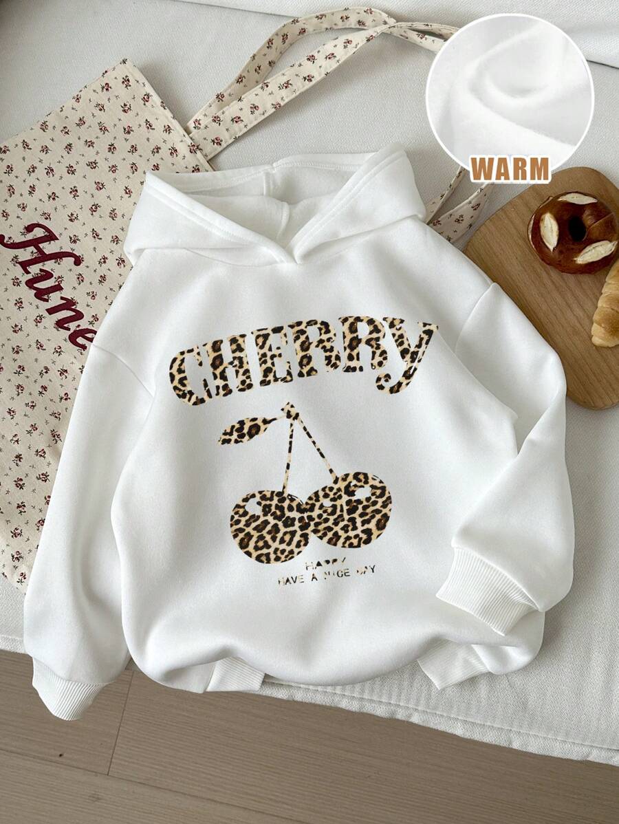 SHEIN Leap Crew 少女休闲简约豹纹樱桃图案白色长袖连帽抓绒卫衣，印有英文字母 CHERRY，舒适柔软，适合秋冬季节穿着，女童服装 - 白色 - 查看 1