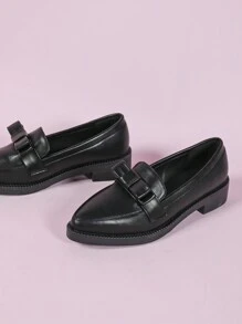 CUCCOO DOLLMOD Women's Flat Slip-On Shoes, Solid Black Pointed Toe Bowknot Mule, Academy Style All Season New Year Holiday Valentines - Graphite Black - View 5