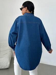 SHEIN Essnce Áo khoác denim cỡ lớn, kiểu áo sơ mi dài tay rộng rãi, màu xanh - Màu xanh lam - Xem 2