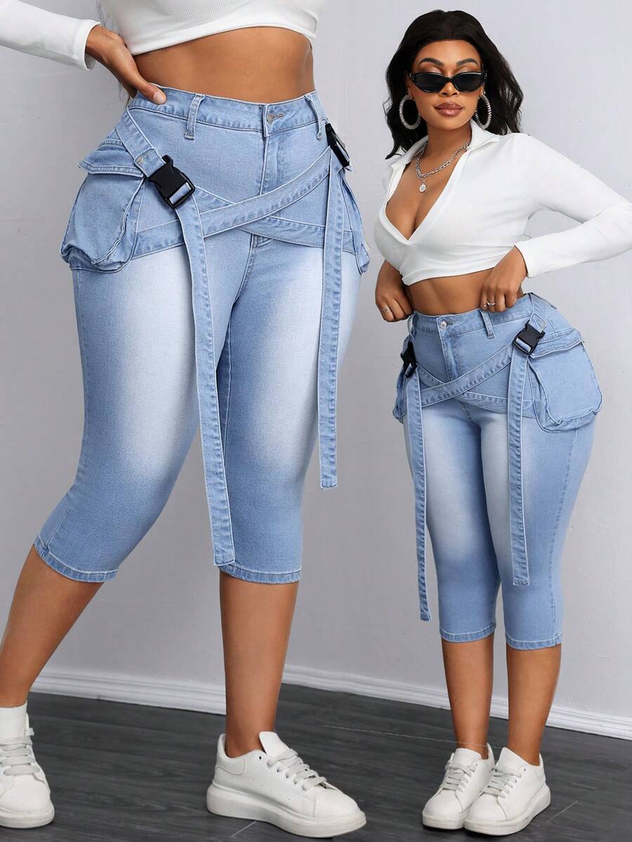SHEIN SXY Plus Size Denim Elastic Cargo Pocket Decor Skinny 7/8 Ankle