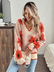 EMERY ROSE 女士彩色 3D 花卉 V 领落肩长袖毛衣，秋冬新年休闲装，长袖上衣 - 彩色 - 查看 6