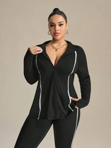 SHEIN Rhythm Era 女士大码休闲撞色边饰拉链夹克和紧身裤套装，适合秋季健身套装女士健身套装