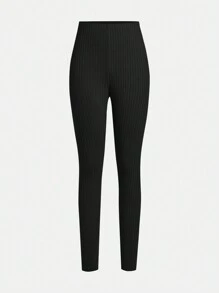 SHEIN 2pcs Teen Girl Solid Color Ribbed Knit Leggings - Brown - View 5