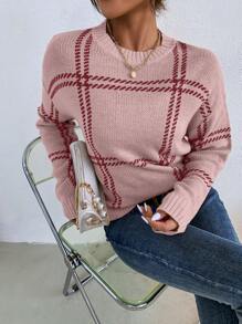 Chiquease 女士圆领长袖简约套头毛衣，休闲日常针织套头衫，秋冬季 - 藕粉色 - 查看 5