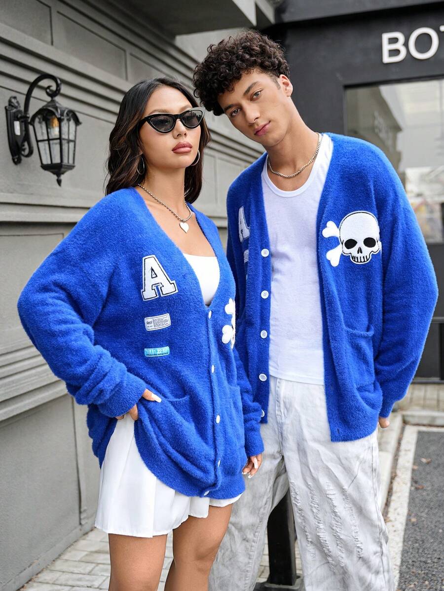 Manfinity VCAY 男女通用罗纹 V 领开衫，适合秋冬季和圣诞节 - 藍色 - 查看 1