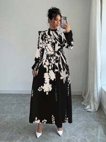 Elenzga Váy Maxi In Hoa Cinched Eo Cho Nữ, Thanh Lịch Cho Mùa Thu Trang Phục Nữ - màu đen - Xem 5