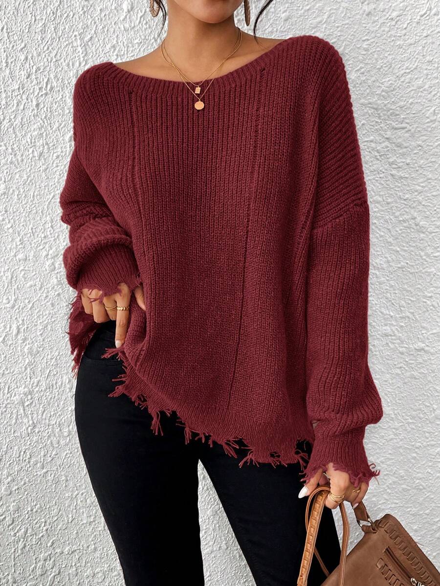 SHEIN VCAY Solid Color Asymmetrical Hem Casual Long Sleeve Pullover In Fall/Winter - Burgundy - View 1