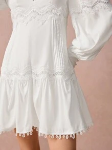 Enchnt New Winter Products,Women Grace Casual Solid Color V-Neck Lantern Sleeve Lace Splice Mini Dress, Long Sleeve Dress, Winter Women's Clothing,New Years Dress