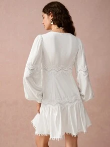Enchnt New Winter Products,Women Grace Casual Solid Color V-Neck Lantern Sleeve Lace Splice Mini Dress, Long Sleeve Dress, Winter Women's Clothing,New Years Dress