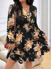 SHEIN LUNE Plus Size Floral Print Lantern Sleeve Dress, Elegant For Autumn Fall Cloth For Women
