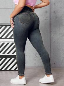 SHEIN EZwear 大码破洞复古修身牛仔裤 - 藍色 - 查看 2