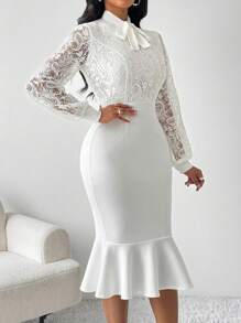 SHEIN Lady 白色领口吊带蕾丝连衣裙修身鱼尾优雅连衣裙荷叶边设计蕾丝长袖女式中长连衣裙白色连衣裙 - 白色 - 查看 6