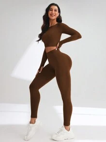 Dewbera Dewbera Set Olahraga Wanita Sederhana Warna Polos, Atasan Pendek Elastis dengan Lubang Jempol dan Legging, Set Gym untuk Latihan Wanita - Coklat - View 5