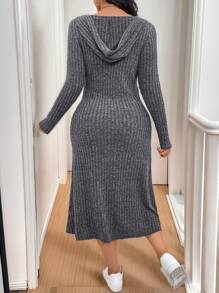 Calvaya 大尺碼長袖優雅連帽修身毛衣連衣裙 - 深灰色 - 查看 2