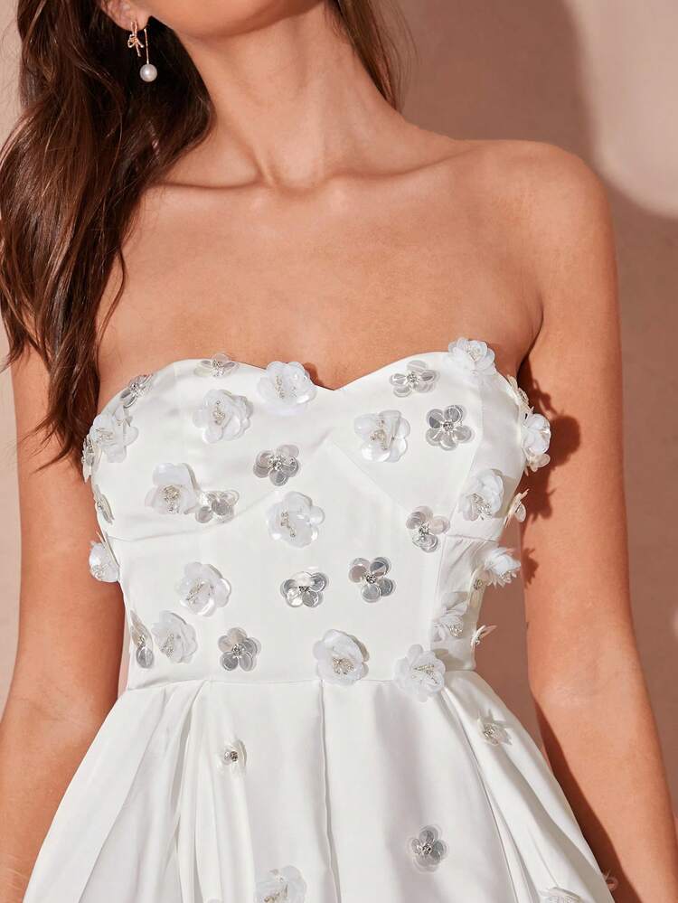 Women's Corset With 3D Beading And Diamond Floral Decoration, Bud Hem White Mini Dress, Christmas White Dress, New Year's Eve, Date Dress, Sweet And Sexy