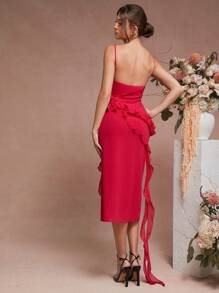 L'Amorae Women Solid Color Ruffle Trim Split Thigh Cami Dress