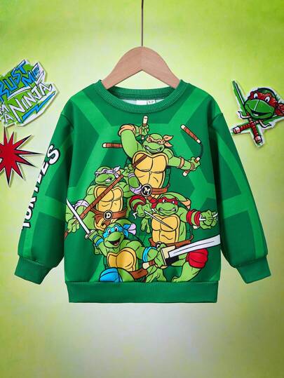 TEENAGE MUTANT NINJA TURTLES | SHEIN Young Boy Cartoon Turtles Printed Green Casual Cute Pullover Sweatshirt