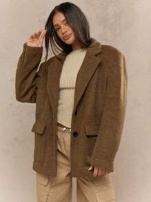 MISSGUIDED High Fashion Oversized Wool Blazer Jacket Modern Fall Autumn Professional Work Office Business Tailored Structured Pockets Lapel Shoulder Pads - Green - View 4