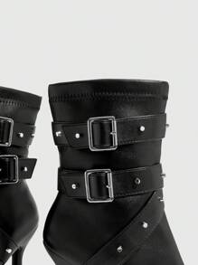 CUCCOO GRLICON Sexy Fashion Belted Point Toe High Heel Casual Versatile Side Zipper Boots New Year Holiday - Black - View 4