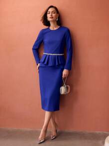 MOTF PREMIUM SOLID RHINESTONE PEPLUM WAIST MIDI DRESS - Blue - View 5