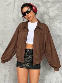 SHEIN EZwear 一件棕色针织女式拉链休闲百搭长袖开衫外套秋冬 - 咖啡棕 - 查看 6