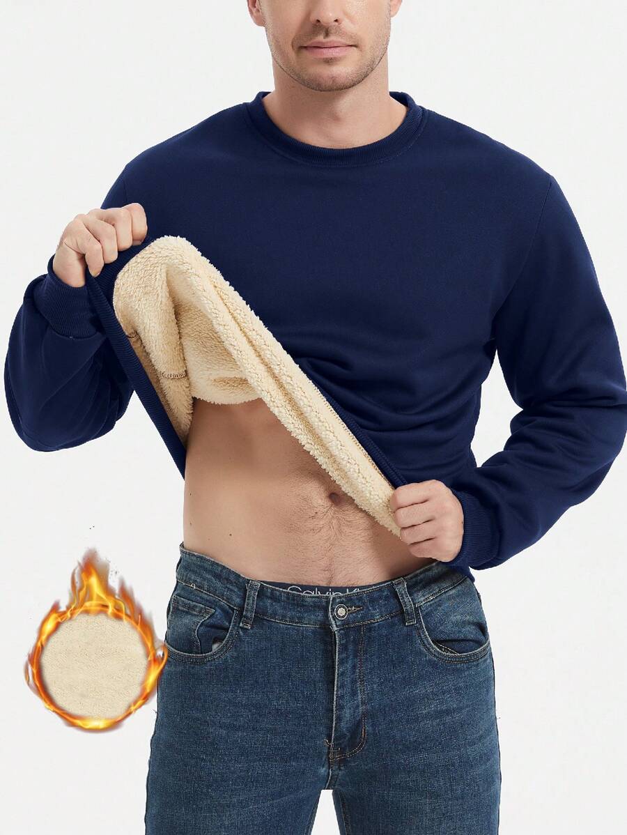 Manfinity Homme Men's Solid Color Round Neck Long Sleeve Fleece Hoodie For Casual Wear, Autumn/Winter