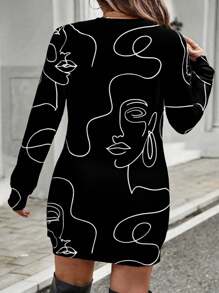 SHEIN LUNE Plus Size Women Graphic Print Long Sweatshirt Dress, Artistic Line Drawing Portrait Design, Suitable For Autumn/Winter