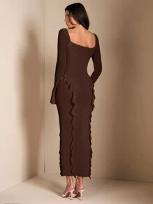 SHEIN BAE Váy trang trí hoa 3D xếp nếp thanh lịch, thích hợp cho những buổi hẹn hò bình thường, tụ họp, tiệc tùng, mùa thu - Cà phê nâu - Xem 2