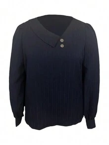 Plus Size Women's Long Sleeve Solid Color Casual Shirt - Navy Blue - View 3