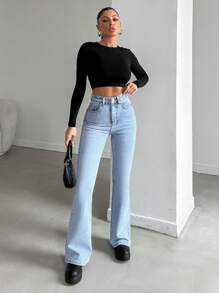 EURMUSE Plain Pocket Casual Flared Leg Jeans - Light Wash - View 5