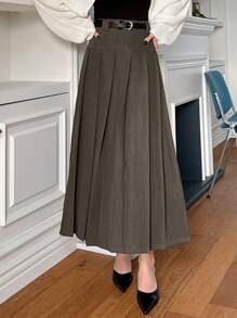 Dazy Star Chân váy dài xếp ly màu trơn thanh lịch dành cho nữ - màu nâu - Xem 3