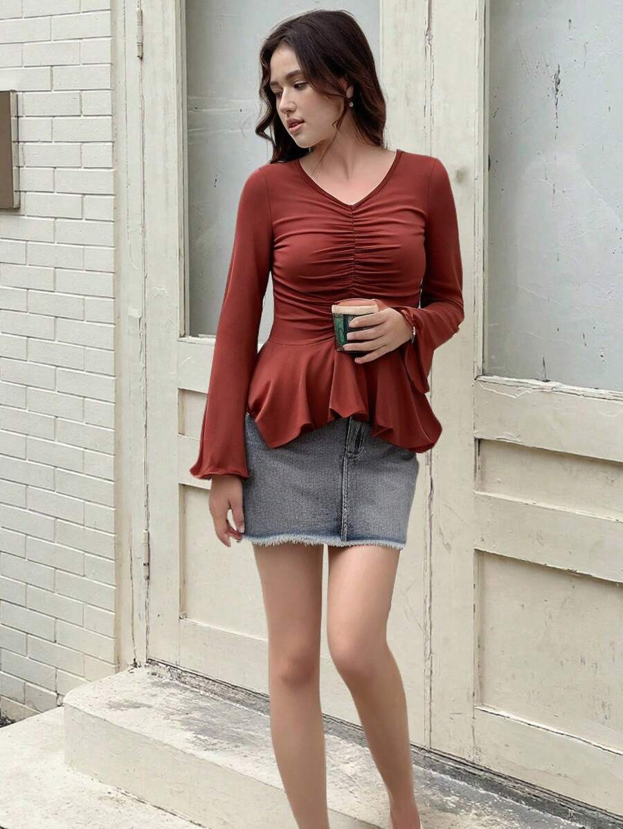 SHEIN Elegant Flare Sleeve Gathered Hem Asymmetric Dark Brown T-Shirt For Teen Girls, Autumn/Winter - Mocha Brown - View 1