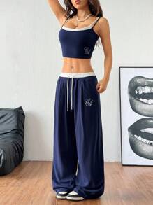 Muchica Bộ đồ thể thao dệt kim hai mảnh giả dành cho nữ, áo ba lỗ và quần nỉ, bộ đồ đi chơi, 2 món, quần áo trở lại trường - Màu xanh hải quân - Xem 3