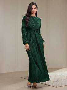 Veilorie Women Elegant Solid Color Pleated Long Dress, Autumn Modest