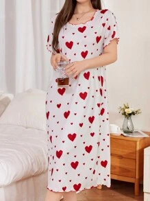 SHEIN 心形印花纹理短袖睡裙娃娃装节日季，Moo Moo 睡裙 - 紅色 - 查看 6